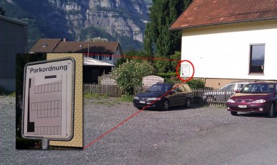 Signpost depicting parking order at a rubble parking ground Murg, Switzerland
